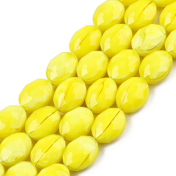 

PandaHall Opaque Solid Color Glass Beads Strands, Faceted, Oval, Yellow, 16x12x7mm, Hole: 1~1.2mm, about 25pcs/strand, 14.96 inch(38cm)...