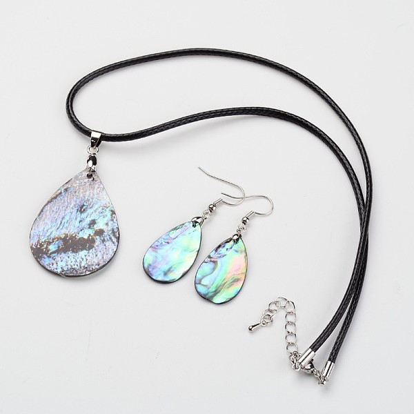 

PandaHall Teardrop Waxed Cord Natural Paua Shell Pendant Necklaces and Earrings Jewelry Sets, with Platinum Tone Brass Lobster Claw Clasps...