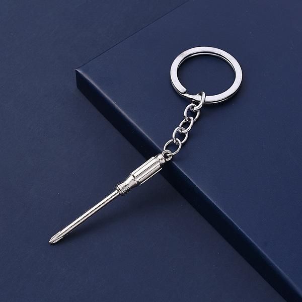 PandaHall Alloy Pendant Keychain, with Key Rings, Screwdriver, Platinum, 5.5~6.5cm Alloy Tool