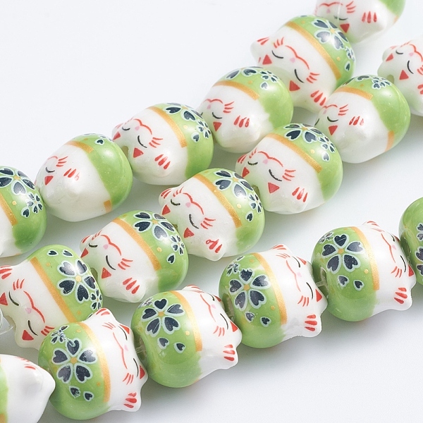 

PandaHall Handmade Printed Porcelain Beads, Lucky Cat, Lawn Green, 14x14x11.5mm, Hole: 2mm, about 25pcs/Strand, 12.20''(31cm) Porcelain Cat...