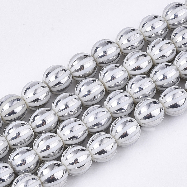 

PandaHall Electroplate Glass Beads Strands, Round with Stripe, Silver, 10x9.5mm, Hole: 1.2mm, about 30pcs/strand, 11.2 inch Glass Stripe...