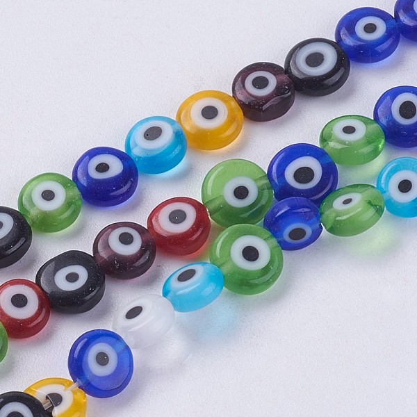 

PandaHall Handmade Evil Eye Lampwork Beads Strands, Flat Round, Colorful, 6x2.5mm, Hole: 1mm, about 64pcs/strand, 13.7 inch(35cm) Lampwork...