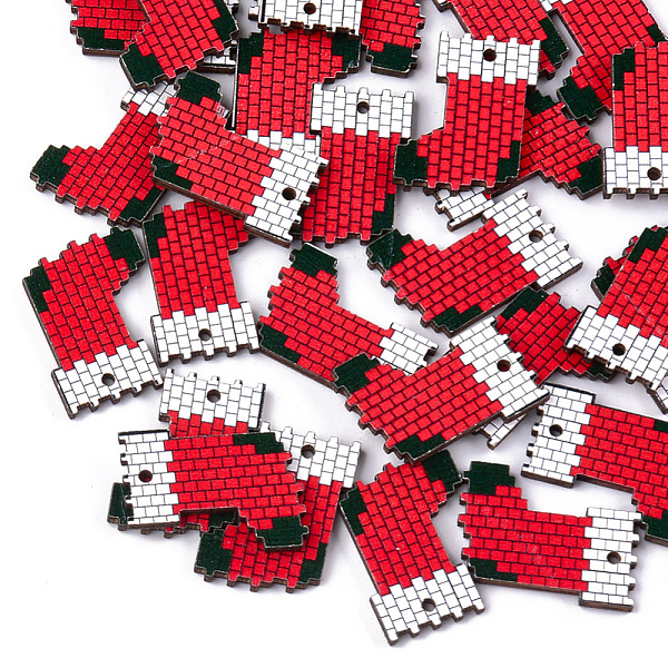 

PandaHall Printed Basswood Pendants, Christmas Stocking, Back Random Color, Red, 22x17x2mm, Hole: 1.5mm Wood Christmas Socking Red
