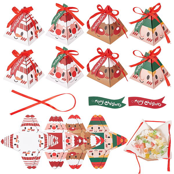 BENECREAT 32Pcs 4 Style Christmas Theme Pyramid Shaped Paper Bakery Boxes