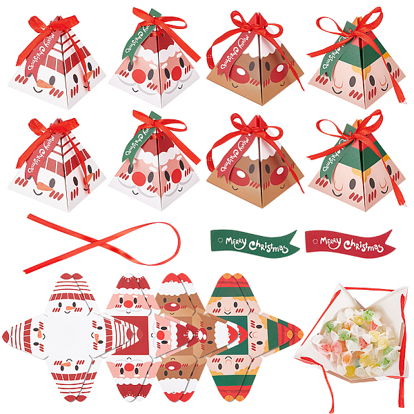 

PandaHall BENECREAT 32Pcs 4 Style Christmas Theme Pyramid Shaped Paper Bakery Boxes, with Bowknot Ribbon, Mixed Patterns, Boxes: 73x73x83mm..., Multicolor