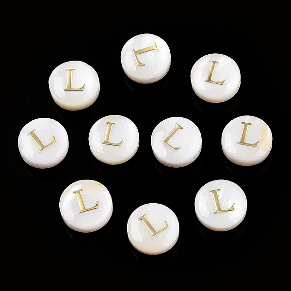 

PandaHall Natural Freshwater Shell Beads, with Golden Plated Brass Etched Metal Embellishments, Flat Round with Letter, Letter L...