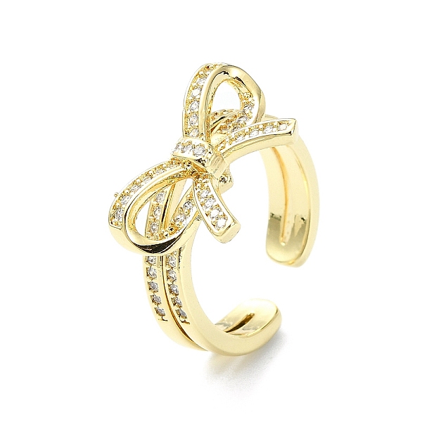 

PandaHall Rack Plating Brass Micro Pave Cubic Zirconia Open Cuff Rings, Cadmium Free & Lead Free, Long-Lasting Plated, Bowknot, Real 18K..., Clear