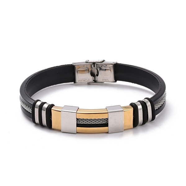 

PandaHall Men's Silicone Cord Bracelet, Titanium Steel Curved Tube Beads Friendship Bracelet, Black, Golden & Stainless Steel Color, 8-7/8..., Gold
