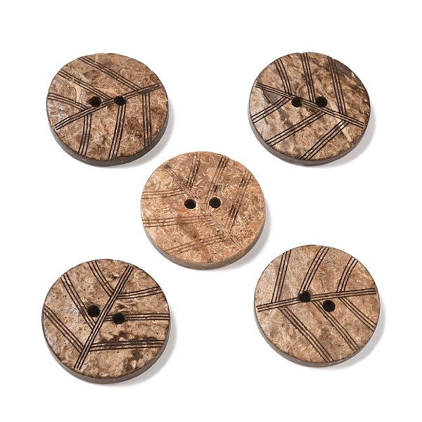 PandaHall 2-Hole Coconut Buttons, Flat Round with Leaf Vein Pattern, Camel, 25x4.5mm, Hole: 2mm Coconut Flat Round Brown