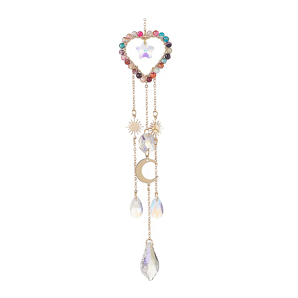 

PandaHall Glass Teardrop & Star Window Hanging Suncatchers, Heart Natural Agate & Brass Sun & Moon Pendants Decorations Ornaments, 230mm...