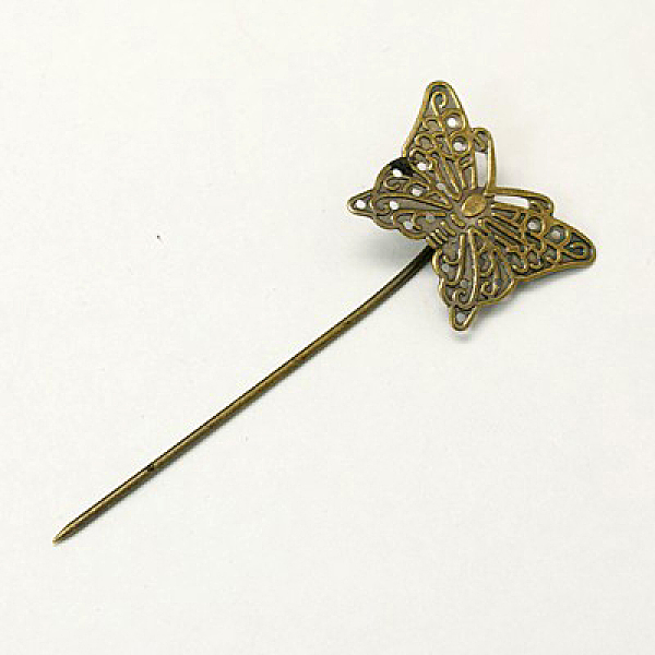 

PandaHall Iron Hair Stick Findings, with Brass Butterfly Tray, Nickel Free, Antique Bronze, 58mm Brass