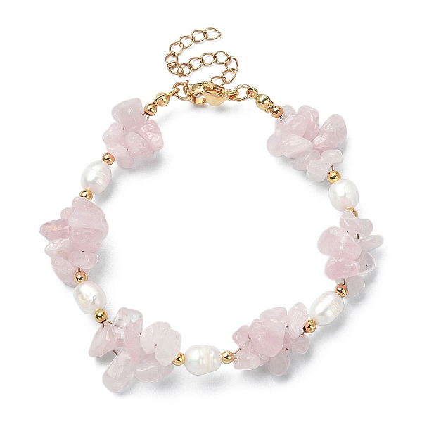 

PandaHall Natural Rose Quartz Chips & Pearl Beaded Bracelet, with 304 Stainless Steel Clasps, 7-1/4 inch(18.5cm) Rose Quartz