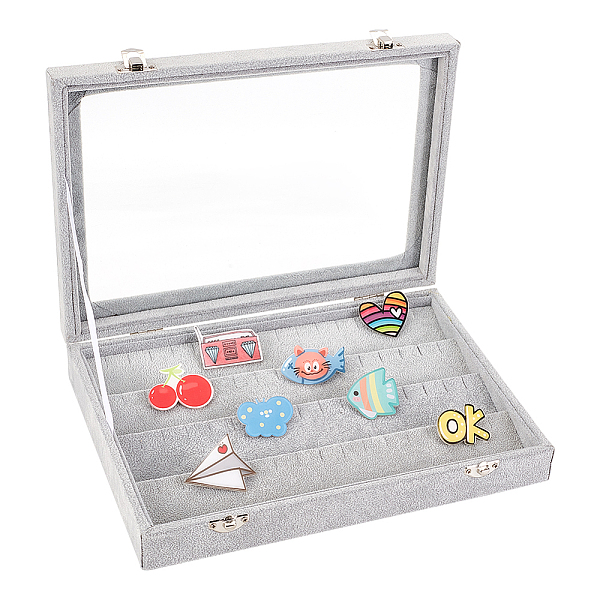 PandaHall Rectangle Velvet Badge Presentation Boxes, Clear Glass Visible Window Storage Box for Brooch Storage, with Iron Clasps, Light...