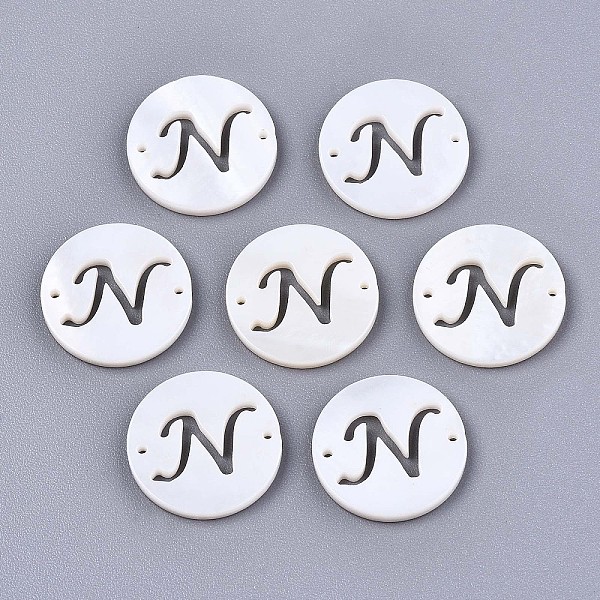 

PandaHall Natural Freshwater Shell Links Connectors, Flat Round with Letter, Letter.N, 14.5x1.5mm, Hole: 0.9mm Shell Letter N