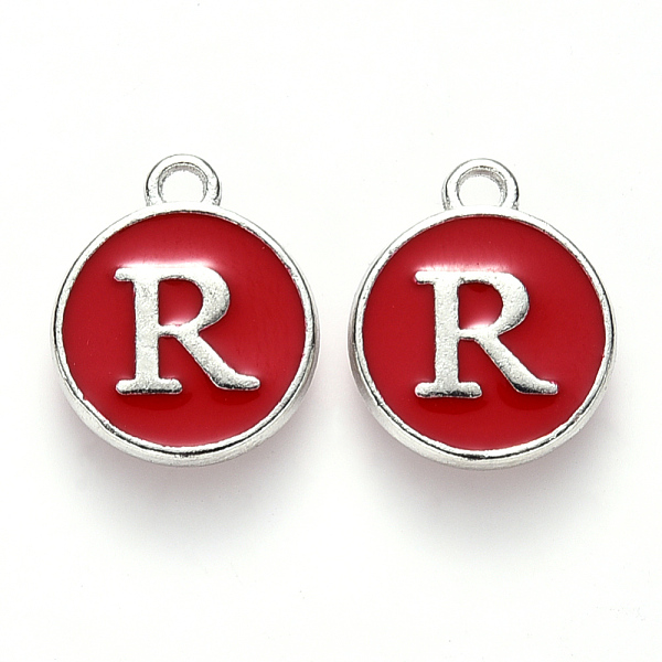 

PandaHall Platinum Plated Alloy Enamel Charms, Cadmium Free & Lead Free, Enamelled Sequins, Flat Round with Letter, Letter.R, 14x12x2mm..., Red