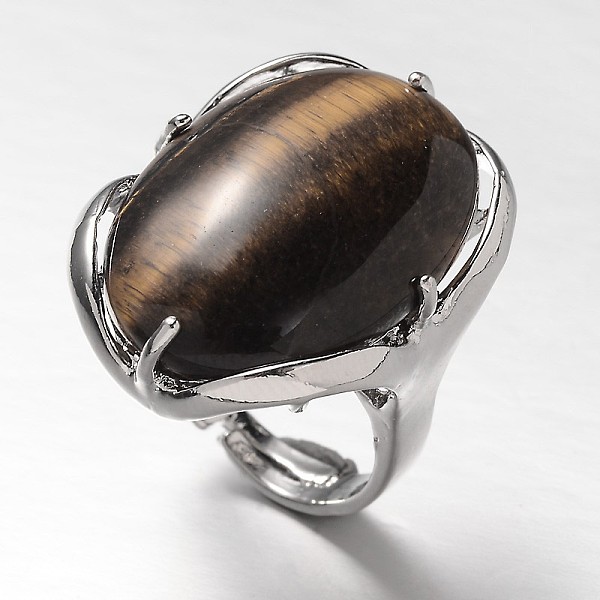 

PandaHall Adjustable Oval Brass Gemstone Wide Band Rings, Tiger Eye, 17mm, Tray: 28x22mm Tiger Eye