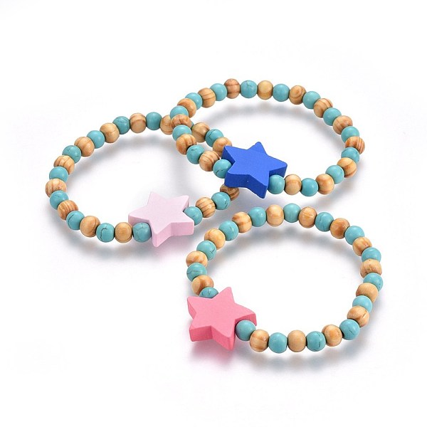 

PandaHall Wood Beads Kids Stretch Bracelets, with Synthetic Turquoise, Star, Mixed Color, 1-5/8 inch(4.2cm) Wood Multicolor