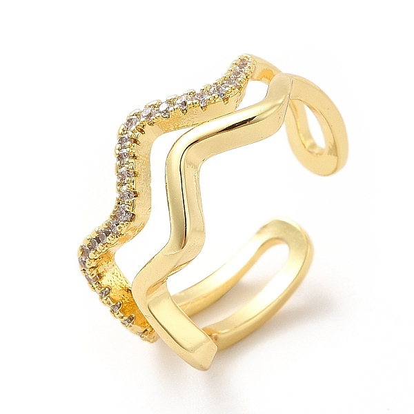 

PandaHall Clear Cubic Zirconia Wave Open Cuff Ring, Brass Jewelry for Women, Real 18K Gold Plated, US Size 6(16.5mm) Brass+Cubic Zirconia