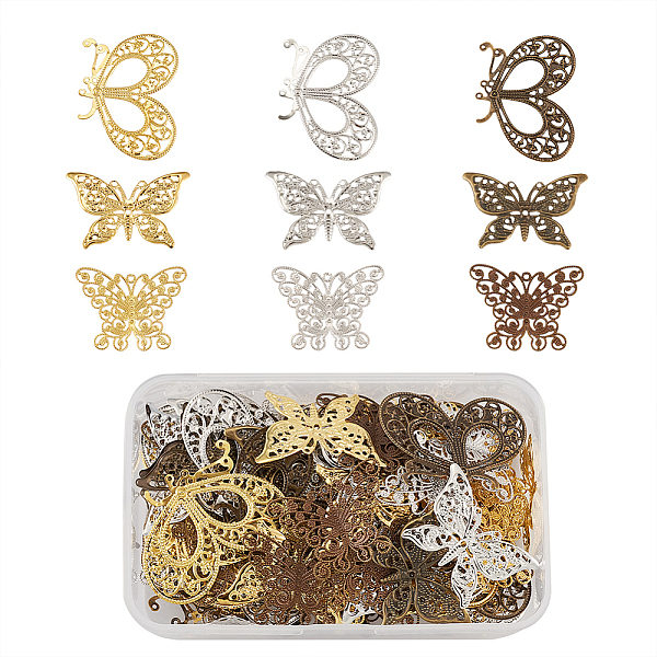 

PandaHall Iron Filigree Joiners Links, with Brass Filigree Findings, Butterfly, Golden & Antique Bronze & Platinum, 118x72x35mm, 90pcs/box...