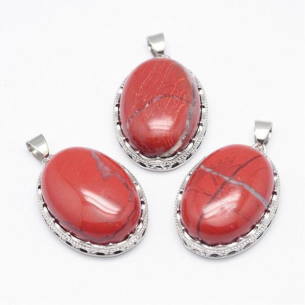 

PandaHall Natural Red Jasper Pendants, with Brass Findings, Oval, Platinum, 30x21x10~11mm, Hole: 6x4mm Red Jasper Oval