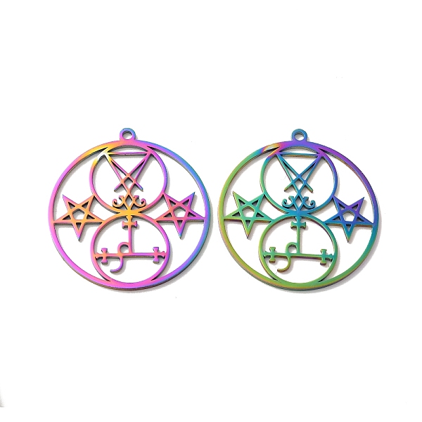 

PandaHall Ion Plating(IP) 304 Stainless Steel Pendant, Flat Round with Satan Symbol & Star Charm, Rainbow Color, 38x35x1mm, Hole: 2mm 304...