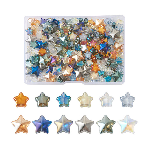 

PandaHall Spritewelry 210Pcs 12 Style Electroplate Glass Beads, Star, Mixed Color, 8.5~12.5x9~13x3~7mm, Hole: 0.8~1mm Glass Star Multicolor