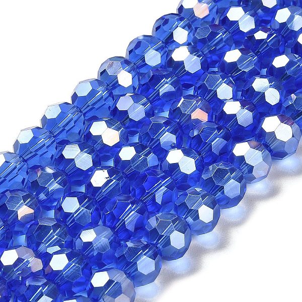 

PandaHall Transparent Glass Beads, 32 Facets, AB Color Plated, Round, Royal Blue, 10x8.5~9mm, Hole: 1.6mm, about 67pcs/strand, 23.62''(60cm)...
