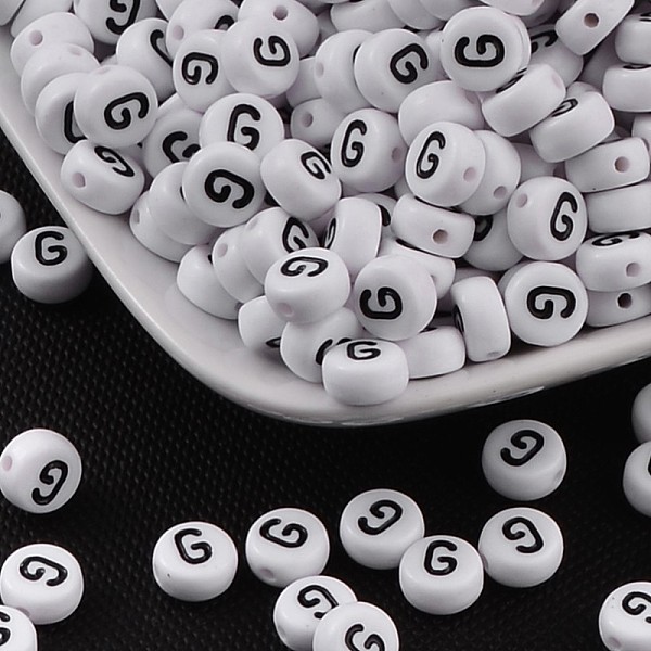 

PandaHall Acrylic Beads, with Horizontal Hole, Letter, Flat Round, Letter.G, 7x4mm, Hole: 1mm, about 3500pcs/500g Acrylic Letter G White
