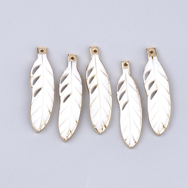 

PandaHall Electroplate Freshwater Shell Pendants, Feather, Light Gold, 38~39x9.5~10x2mm, Hole: 1.2mm Freshwater Shell Feather