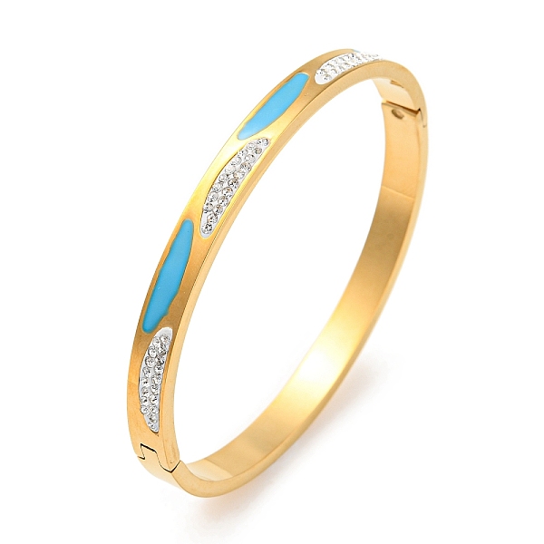 

PandaHall Twist Oval Pattern Enamel & Rhinestone Bangles, Ion Plating(IP) 304 Stainless Steel Hinged Bangle for Women, Real 18K Gold Plated..., Clear