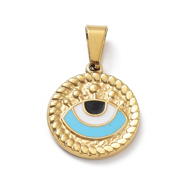 

PandaHall Ion Plating(IP) 304 Stainless Steel Pendants, with Enamel, Golden, Flat Round with Evil Eye Charm, Light Sky Blue, 18.5x16.5x2mm...