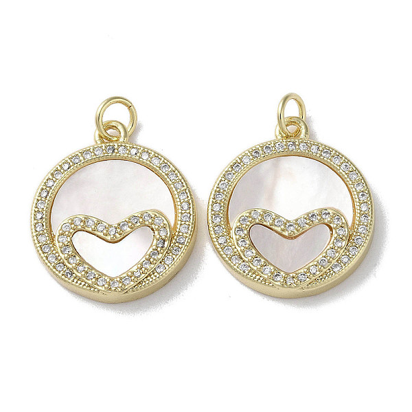 

PandaHall Brass Micro Pave Cubic Zirconia Pendants, with Shell, Flat Round with Heart Pattern, Real 18K Gold Plated, 21x18x3mm, Hole: 3mm..., Clear