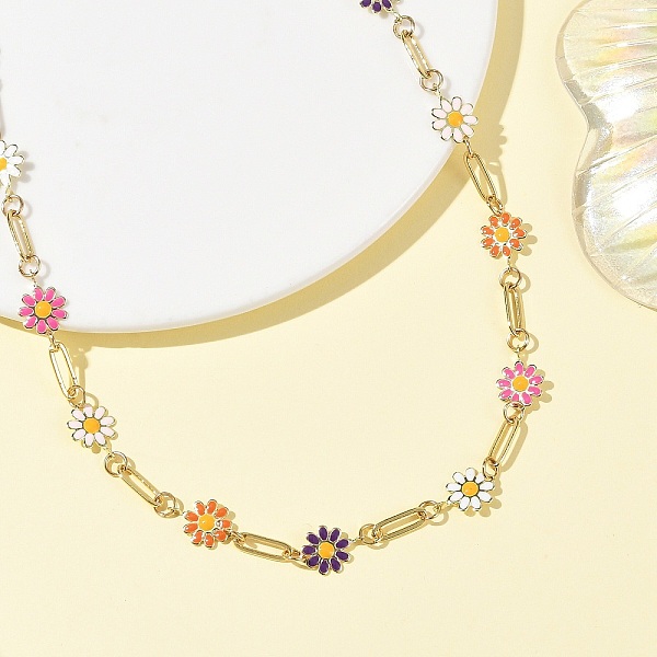 Colliers à maillons en laiton émaillé coloré avec fleurs pour femmes