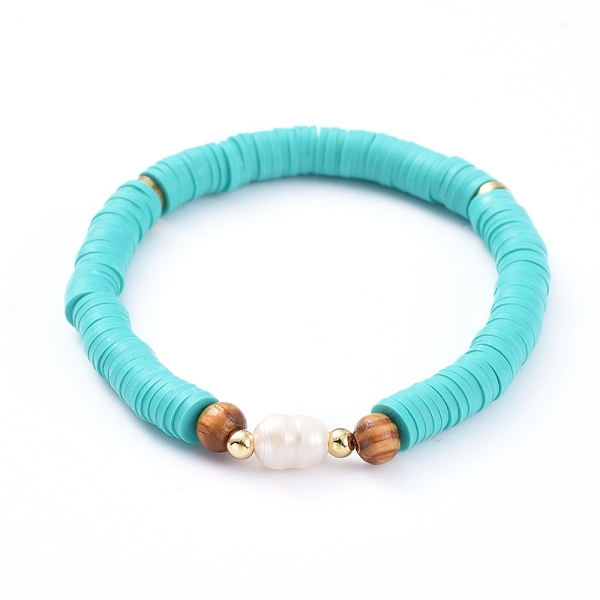 

PandaHall Handmade Polymer Clay Heishi Bead Stretch Bracelets, with Wood Beads, Natural Cultured Freshwater Pearl Beads and Brass Beads..., Cyan