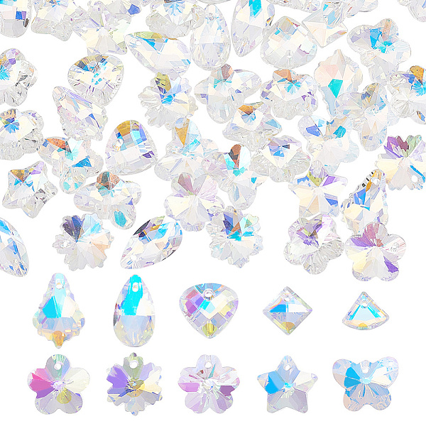 

PandaHall AHADERMAKER 60Pcs 10 Style Faceted Glass Pendants, AB Color, Snowflake & Heart & Flower & Fan & Teardrop Shape, Clear AB..., White