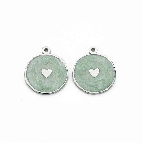 

PandaHall 304 Stainless Steel Enamel Pendants, Stainless Steel Color, Flat Round with Heart, Dark Sea Green, 17.5x15x1mm, Hole: 1.2mm...