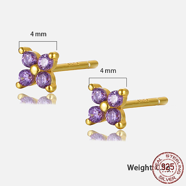 

PandaHall Golden Sterling Silver Flower Stud Earrings, with Cubic Zirconia, with S925 Stamp, Orchid, 4x4mm Cubic Zirconia Flower Purple