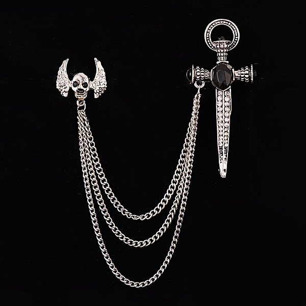Skull & Cross Sword Chain Tassel Dangle Brooch Pin