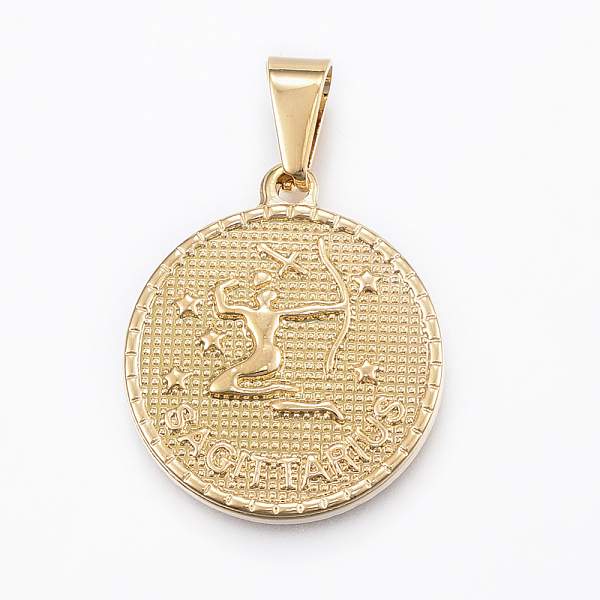 

PandaHall Real 18K Gold Plated 304 Stainless Steel Pendants, Flat Round with Twelve Constellation/Zodiac Sign, Sagittarius, 29x25x3.2mm...