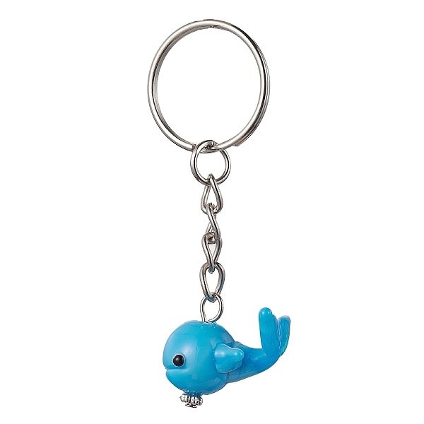 

PandaHall Whale Handmade Lampwork Pendant Keychains, with Iron Split Key Rings, Deep Sky Blue, 7.2cm Lampwork Whale