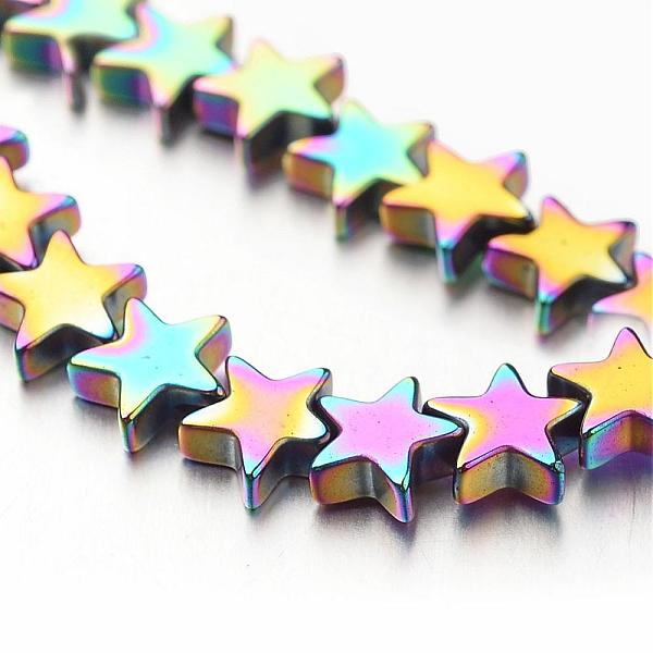 PandaHall Electroplate Non-magnetic Synthetic Hematite Bead Strands, Star, Multi-color Plated, 6x6x2~3mm, Hole: 1mm, about 86pcs/strand...