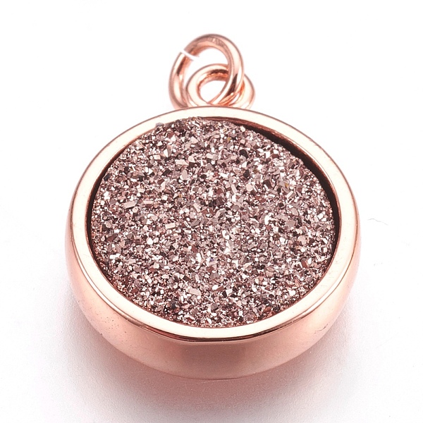 

PandaHall Brass Charms, with Druzy Resin Cabochon, Flat Round, Rose Gold, Rosy Brown, 14x11.5x3mm, Hole: 2mm Brass+Resin Flat Round Brown