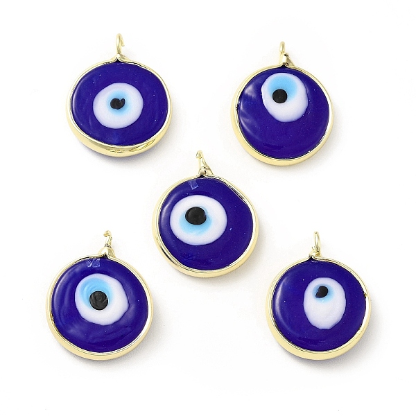 

PandaHall Handmade Evil Eye Lampwork Pendants, with Rack Plating Brass Findings, Long-Lasting Plated, Flat Round, Blue, 18~19x15~16x4mm...