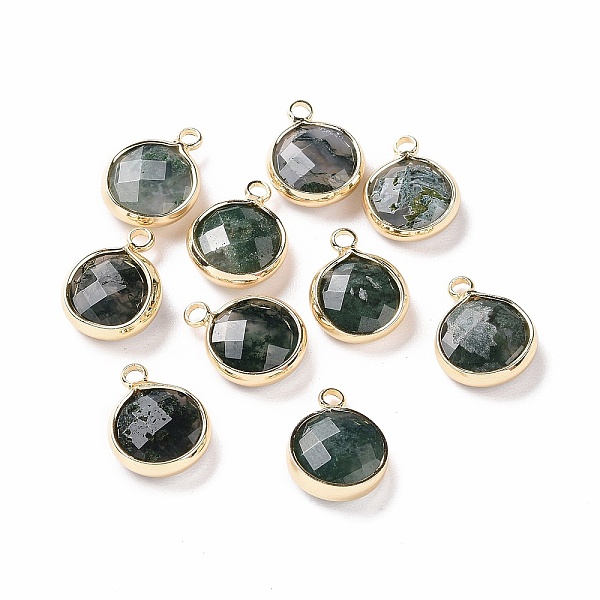 

PandaHall Natural Moss Agate Charms, with Brass Finding, Faceted Flat Round, 14x11x4mm, Hole: 1.6mm Moss Agate Flat Round