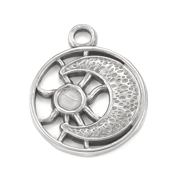 

PandaHall 304 Stainless Steel Pendant Cabochon Settings, Flat Round with Moon & Sun, Stainless Steel Color, Tray: 3.8mm, 24.5x20x2mm, Hole...