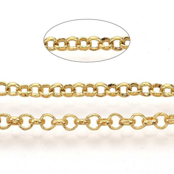 

PandaHall Soldered Brass Coated Iron Rolo Chains, Belcher Chain, with Spool, Golden, 2.5x0.7mm, about 328.08 Feet(100m)/roll Iron