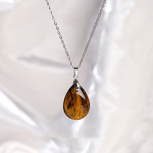 

PandaHall Natural Tiger Eye Teardrop Pendant Necklaces, Titanium Steel Cable Chain Necklace for Women, 17.72 inch(45cm) Tiger Eye Teardrop