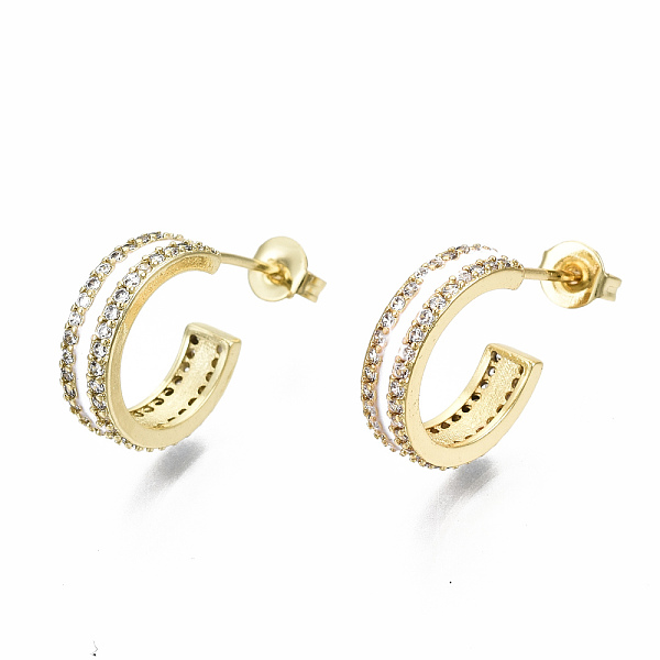

PandaHall Semicircular Brass Micro Pave Clear Cubic Zirconia Half Hoop Earrings, Stud Earrings, with Enamel and Ear Nuts, Nickel Free, Real..., White