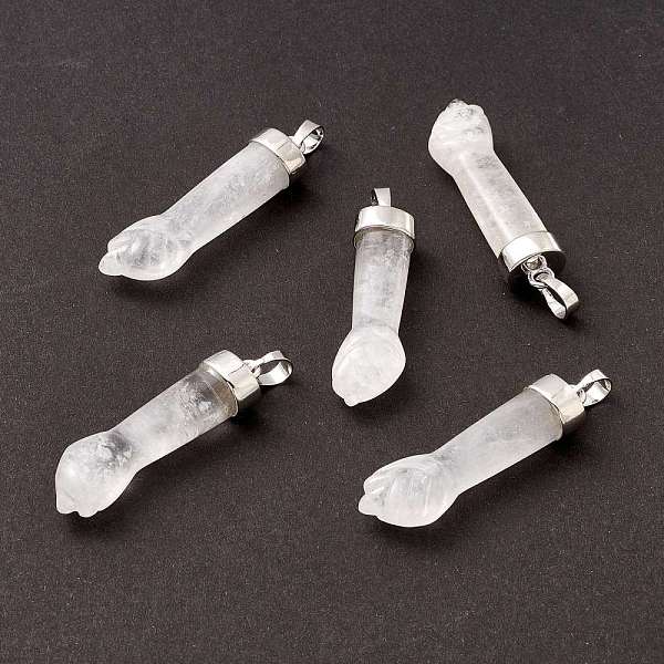 

PandaHall Natural Quartz Crystal Pendants, Rock Crystal Pendants, with Platinum Tone Brass Findings, Figa Hand Shapes, 43~48x12x8.6mm, Hole...