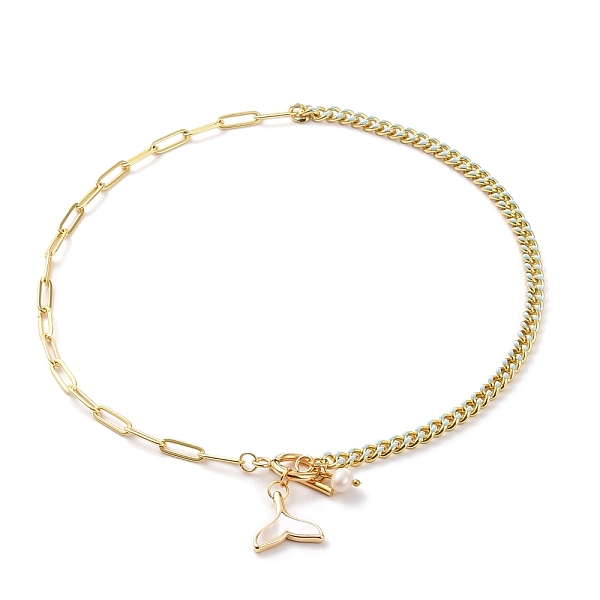 

PandaHall Natural Shell Fishtail Pendant Necklaces, with Natural Pearl Beads, Brass Enamel Curb Chains, Brass Paperclip Chains and 304...